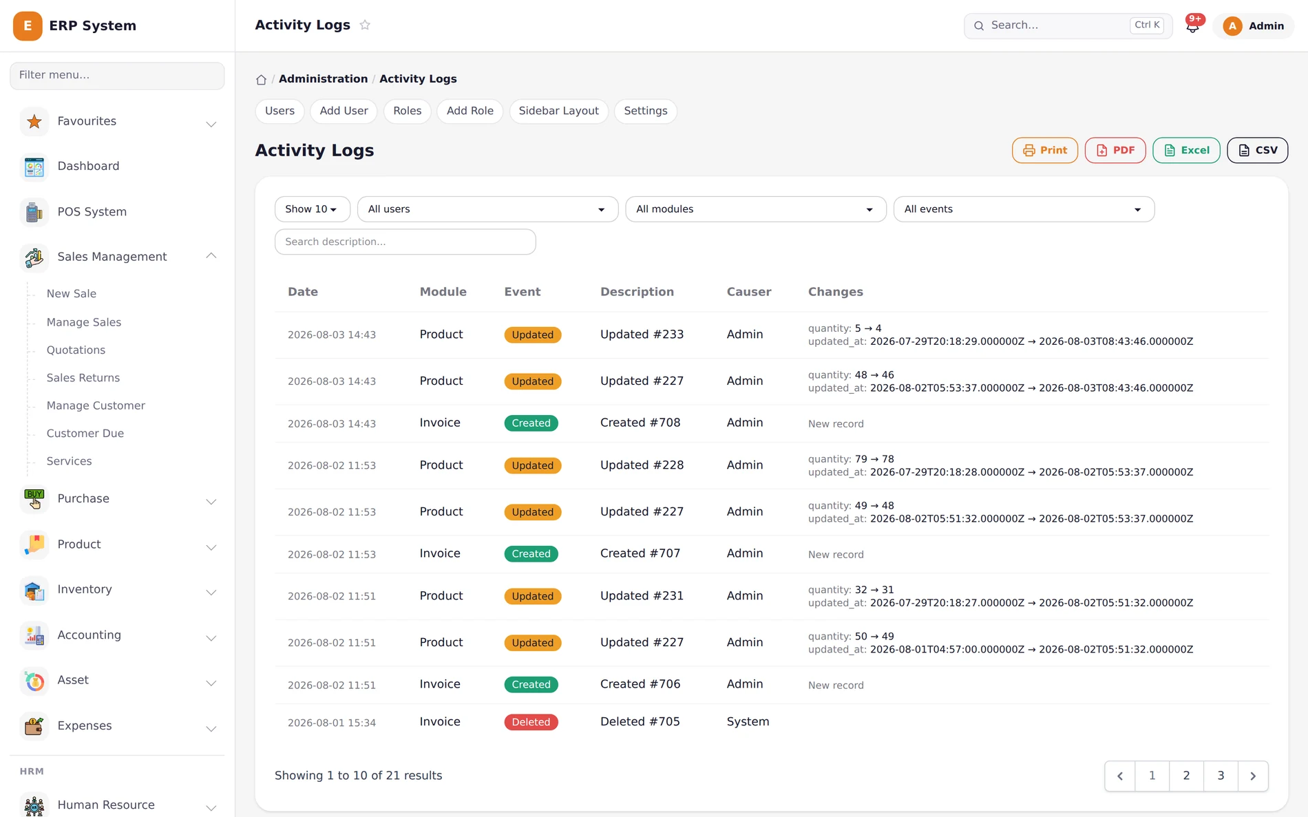 Khatian ERP activity log showing every change, by user, with old and new values