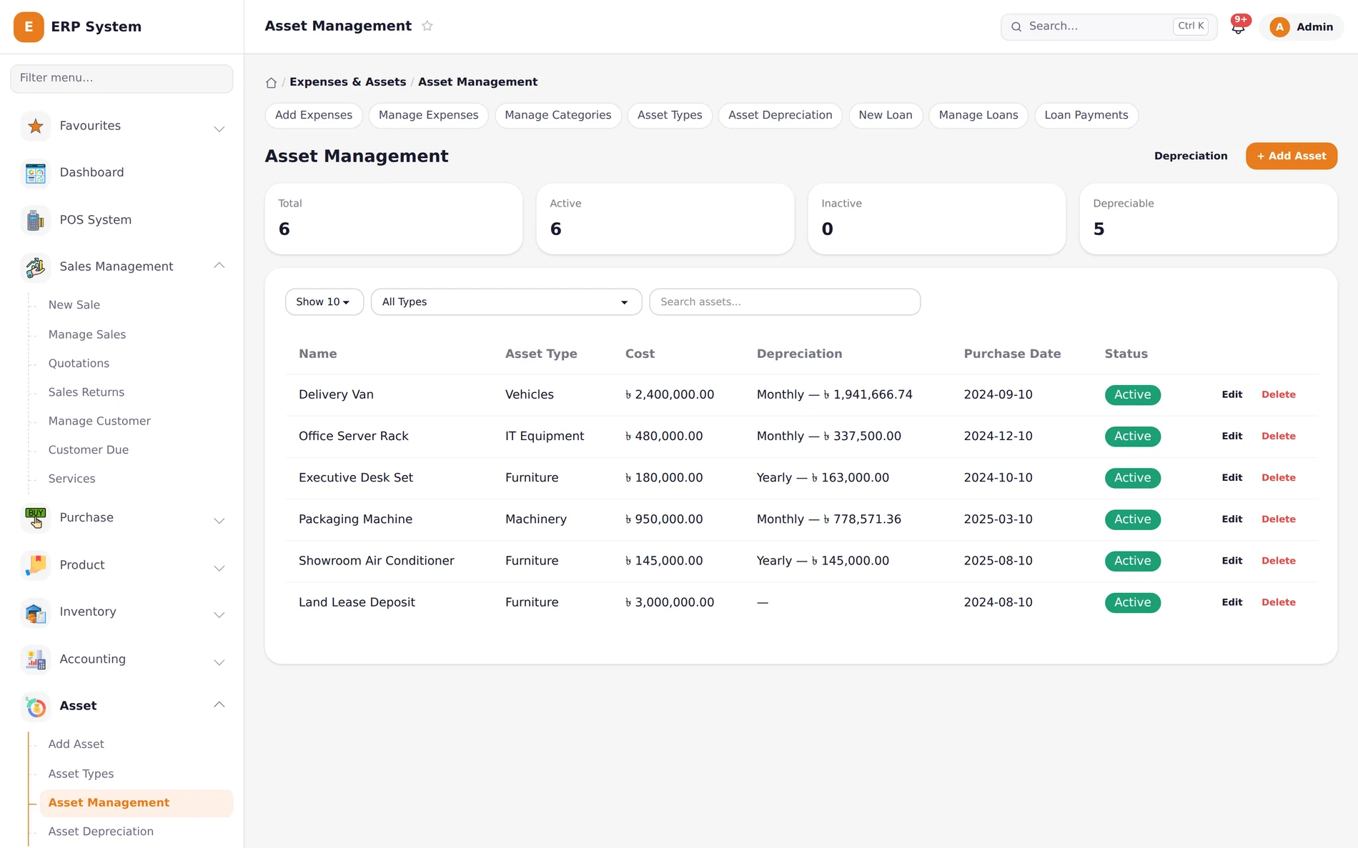 Khatian ERP asset register with cost, monthly or yearly depreciation, and status per asset