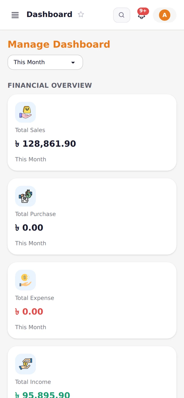 Khatian ERP dashboard on a mobile phone showing total sales and income cards