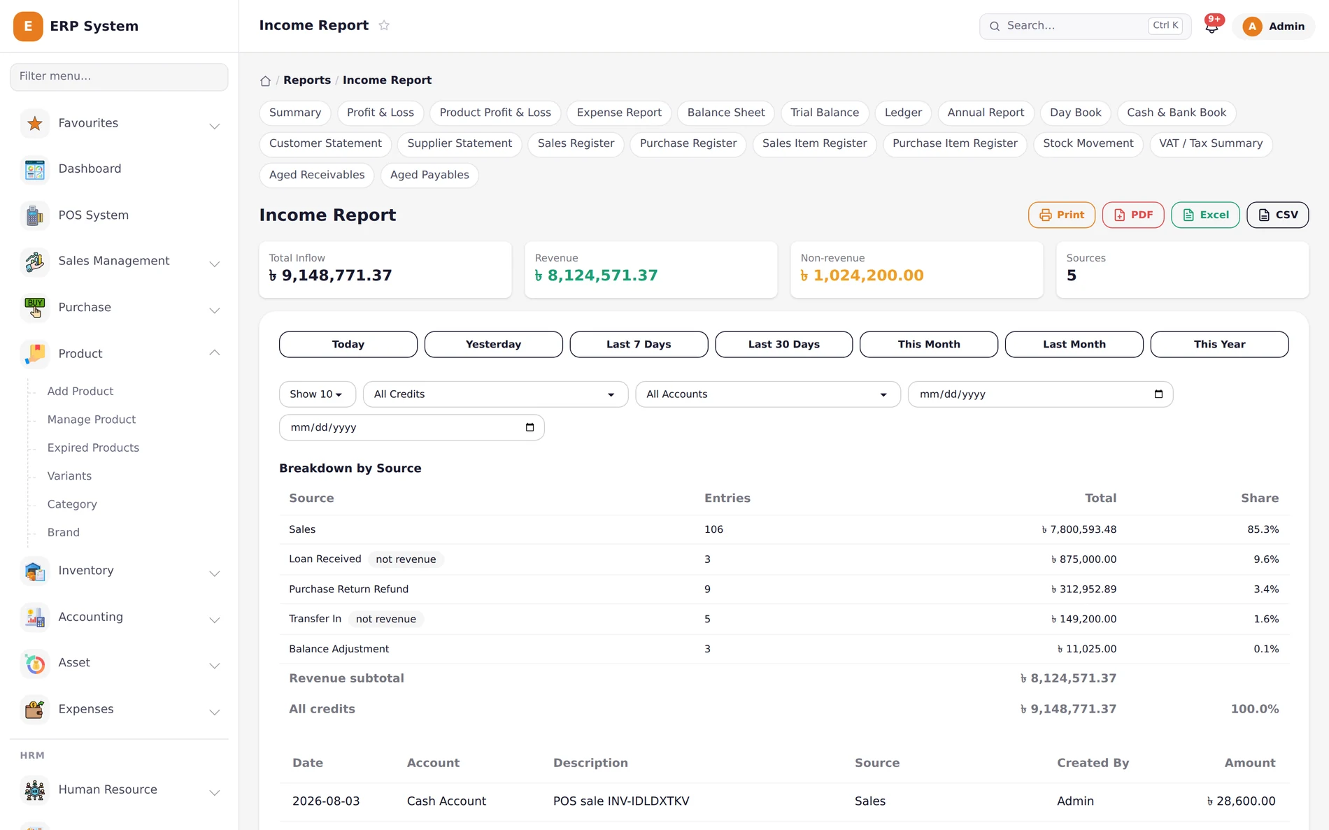 Khatian ERP income report with a breakdown by source and export buttons