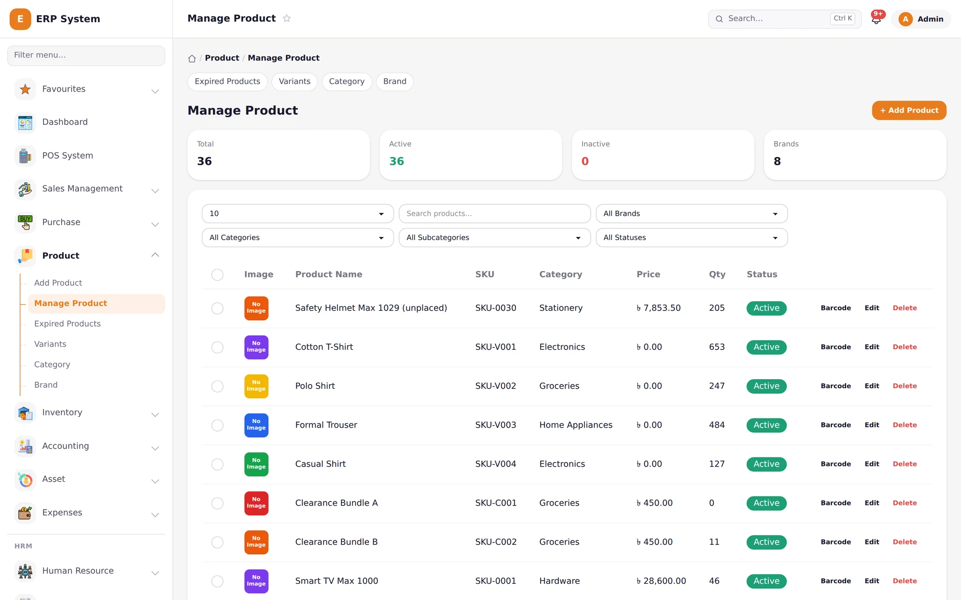 Khatian ERP product management list with stock levels, categories, prices, and status for every product