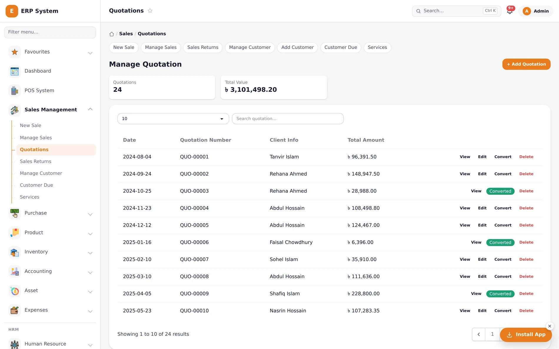 Khatian ERP quotations list with a Convert action turning a quotation into an invoice