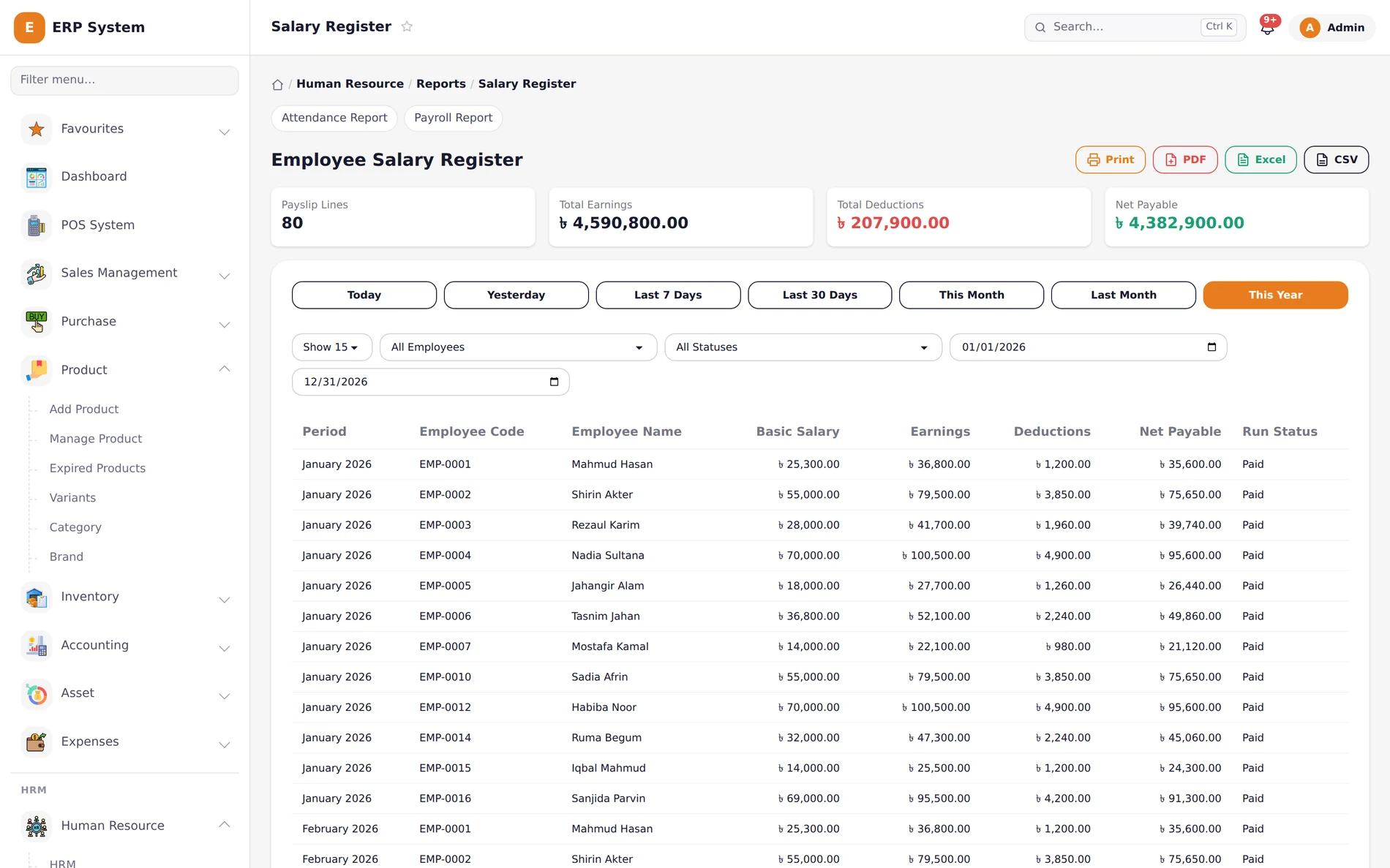 Khatian ERP salary register with basic salary, earnings, deductions and net payable